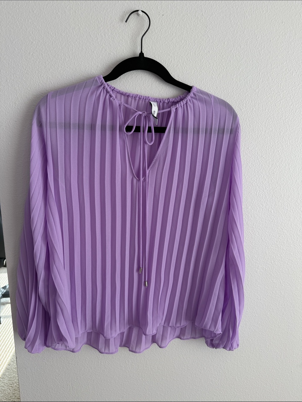 Mango Lavender Pleated Tie-Neck Blouse
